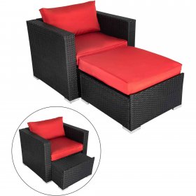Kinbor 6PCS Outdoor Patio Rattan Wicker Furniture Set Sectional Sofa Couch Cushioned w/ Ottoman, Red
