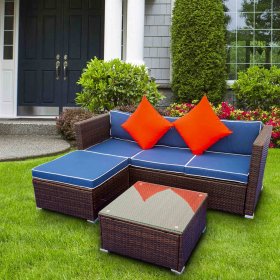 Sectional Patio Chairs & Seating Sofa Furniture for Living Room Patio, 3-Piece All-Weather Resistant PE Wicker Conversation Set w/ Removable Cushion Cover, Tempered Glass Table, Ottoman, 280lbs, S9116