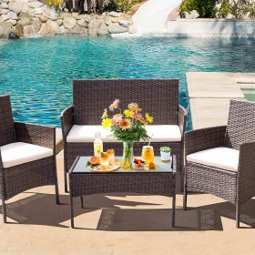 Lacoo 4 Pieces Patio Conversation Set Outdoor PE Rattan Wicker Chairs Set and Table, Brown