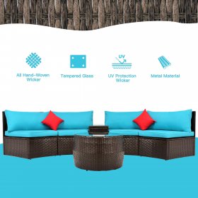 Outdoor Patio Sectional Furniture Wicker Sofa Set, 4-Piece Wicker Patio Conversation Furniture Set with 2 Double Half-Moon Sofa, 1 Coffee Table, 1 Side Table, 2 Pillow, Blue Padded Cushions, S1605