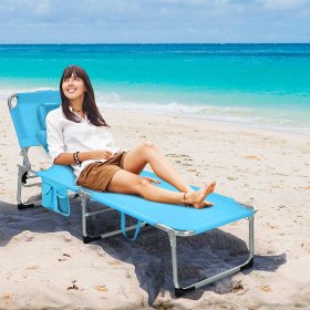 Gymax Portable Beach Chaise Lounge Chair Folding Reclining Chair w/ Facing Hole Turquoise