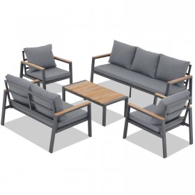 JOIVI Aluminum Patio Furniture Set, 5 Pieces Outdoor Conversation Set with Teak Wood Top Coffee Table, Patio Sectional Sofa Set for Poolside, Lawn, Backyard, Gray Frame/ Gray Cushion