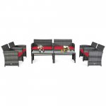 Gymax 8PCS Patio Outdoor Rattan Conversation Furniture Set w/ Red Cushion