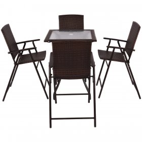 Costway 5PC Rattan Patio Furniture Set 4 Bar Stool Folding Chair and Bar Table W/Glass Top