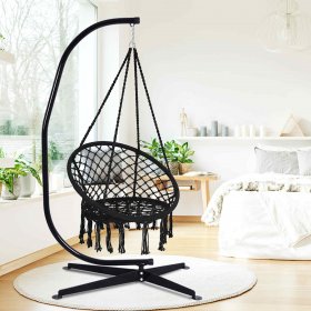 Gymax Hammock Chair Hanging Cotton Rope Macrame Swing Chair w/ Stand Black