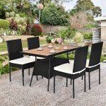 Gymax 5PCS Rattan Patio Dining Set Outdoor w/ Cushion Wooden Tabletop 4 Chairs