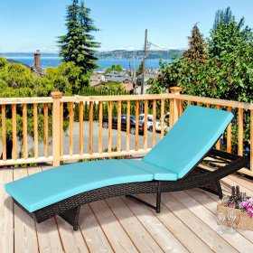 Costway Patio Rattan Folding Lounge Chair Chaise Adjustable W/Turquoise Cushion