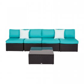 Kinbor 5 Pcs Outdoor Patio Furniture Set, Rattan Wicker Sofa Set with Coffee Table and Cushions , Black & Turquoise