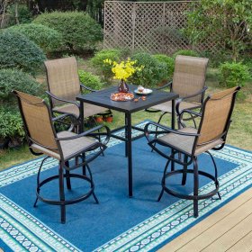 MF Studio 5-Piece All Weather Patio Bar Stool Set with Square Counter Height Table&Swivel Bar Chairs for Dinner&Conversation, Black&Brown