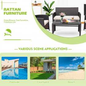 Gymax 4PCS Patio Conversation Set Outdoor Rattan Furniture Set w/ White Cushions