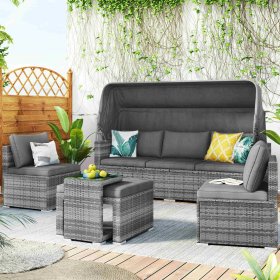 5 Pieces Outdoor Daybed, Patio PE Rattan Daybed with Retractable Canopy, Sectional Seating Sofa Set with Side Table and Cushions, Outdoor Conversation Set for Patio Poolside Backyard Garden, K3536