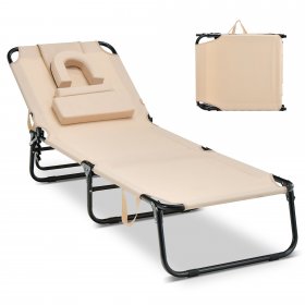 Costway Beach Chaise Lounge Chair with Face Hole Pillows & 5-Position Adjustable Backrest Beige
