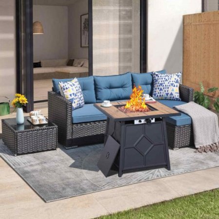 Patio Furniture Set with 28" Fire Pit Table, 4 Piece Outdoor Small Sectional Sofa Wicker Conversation Set with Tempered Glass Coffee Table, 40,000 BTU Propane Fire Pit, Lava Rocks Included, Navy Blue