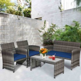 Gymax 8PCS Patio Outdoor Rattan Conversation Furniture Set w/ Navy Cushion
