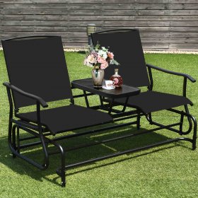 Gymax Patio 2-Person Glider Rocking Chair Loveseat Garden w/ Tempered Glass Table Black