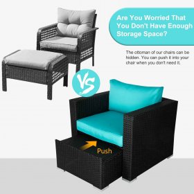 Kinbor 2pcs Outdoor Sofa Furniture PE Wicker Lounge Chair with Ottoman Sectional Conversation Set, Wicker Patio Sofa Sets, Blue