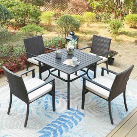 MF Studio 5-Piece Outdoor Patio Dining Set with 4 PCS Wicker Cushion Padded Armchairs& 1 PC Square Table for Dinner&Summer, Dark Brown
