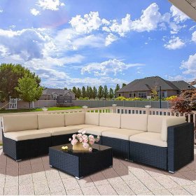 7 Piece Rattan Sectional Sofa Set, Outdoor Conversation Set, All-Weather Wicker Sectional Seating Group with Cushions & Coffee Table, Morden Furniture Couch Set for Patio Deck Garden Pool, K2774