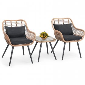 JOIVI 3-Piece Patio Set, Outdoor Wicker Conversation Bistro Sets for Porch, Backyard with Square Glass Top Coffee Table, Cushions and Lumbar Pillows