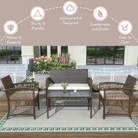 SEGMART 4 Pieces Outdoor Patio Furniture Sets, Rattan Chair Wicker Set, Outdoor Indoor Use Backyard Furniture with Soft Cushion and Glass Table for Porch Garden Poolside Balcony, Brown, S699