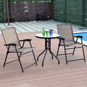 Costway 3PC Bistro Patio Garden Furniture Set 2 Folding Chairs Glass Table Top Steel