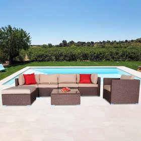Patio Furniture Sets, 7-Piece Wicker Patio Conversation Furniture Set with 6 Seats, 1PC Tempered Glass Table, 6 Removable Cushions, 2 Pillows, Sectional Sofa for Backyard Porch Lawn Pool, Q1461