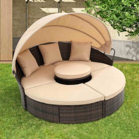 5 Piece Outdoor Sectional Patio Sofa Set with Removable Cushions, All-Weather Wicker Rattan Furniture Set with Retractable Canopy, Outdoor Sunbed Sofa for Backyards, Gardens, Balconies, 330lbs, S1763