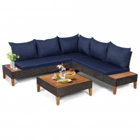 Gymax 4PCS Acacia Wood Patio Furniture Set Rattan Conversation Set w/ Navy Cushions