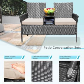 LACOO Outdoor Patio Loveseat Modern Wicker Patio Conversation Furniture Set with Cushions and Built-in Coffee Table, Steel, Beige