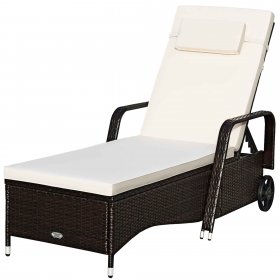 Gymax Cushioned Outdoor Wicker Chaise Lounge Chair w/ Wheel Adjustable Backrest