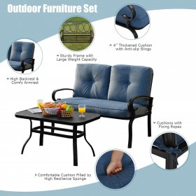 Gymax 2PCS Patio Loveseat & Table Set Conversation Sofa Set w/ Blue Cushions