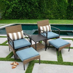 SEGMART PE Brown Rattan Sofa Set of 5, Outdoor Patio Chair and Footstool Set with Cushions & Tea Table, All Weather Wicker Bistro Set, Conversation Furniture Set
