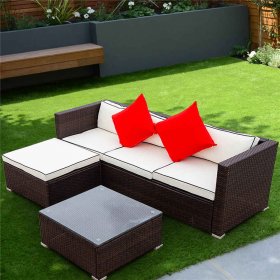 Patio Wicker Sectional Sofa Set, 3 Piece Outdoor Conversation Set with Glass Table and Pillow, All-Weather Wicker Patio Furniture with Cushions for Backyard, Porch, Garden, Poolside, L4513