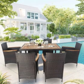 Wicker Patio Dining Set, 7PCS Outdoor Rattan Table & Chairs Set with Wooden Top & Padded Cushions, Deck Furniture Dining Table Set, Garden Porch Backyard Sectional Conversation Set, B1600
