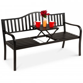 Best Choice Products Outdoor Garden Steel Patio Porch Bench with Pullout Middle Table w/ Weather-Resistant Frame Black