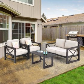 Gymax 2PCS Patio Loveseat & Table Set Cushioned Outdoor Conversation Furniture Set