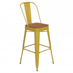 Flash Furniture Kai Commercial Grade 30" High Yellow Metal Indoor-Outdoor Bar Height Stool with Removable Back and Teak All-Weather Poly Resin Seat