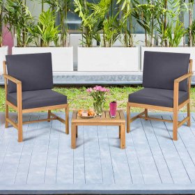 Costway 3 in 1 Patio Table Chairs Set Solid Wood Garden Furniture