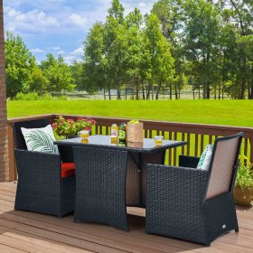 Gymax 3PCS Patio Wicker Bistro Set PE Rattan Dining Table Set w/ Red Cushions