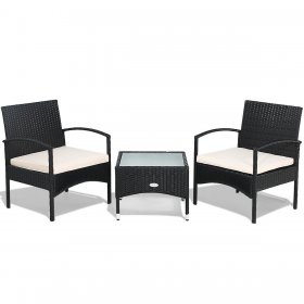Gymax 3 PCS Patio Wicker Rattan Furniture Set Coffee Table & 2 Rattan Chair W/Cushion