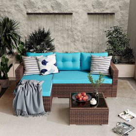 Patio Conversation Set, PE Wicker Rattan Outdoor Furniture Set, Small Sectional Sofa Lounge and Love Seat, Turquoise