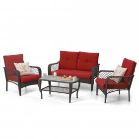 Sophia & William 4 Pieces Patio Conversation Set Rattan Outdoor Furniture Set, Red