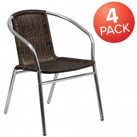 Flash Furniture 4 Pack Commercial Aluminum and Dark Brown Rattan Indoor-Outdoor Restaurant Stack Chair