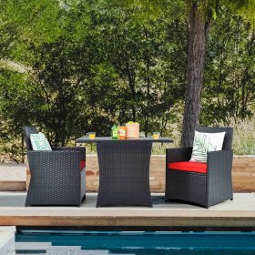 Gymax 3PCS Patio Wicker Bistro Set PE Rattan Dining Table Set w/ Red Cushions