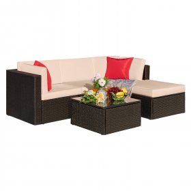 Vineego 5 Pieces Outdoor Patio Furniture Sets Wicker Sectional Sofa PE Rattan Conversation Sets, Beige