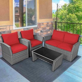 Gymax 4PCS Patio Rattan Conversation Set Outdoor Furniture Set w/ Red Cushions
