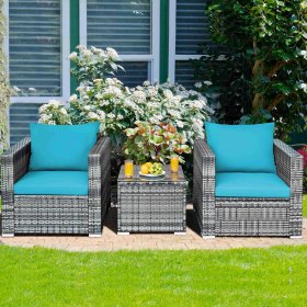 Gymax 3PCS Rattan Patio Conversation Furniture Set Outdoor Yard w/ Turquoise Cushion