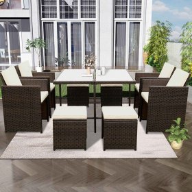 9 Piece Patio Dining Set, Outdoor Space Saving Rattan Chairs with Ottoman & Table, Outdoor Sectional Dining Table Set, PE Wicker Rattan Furniture Set for Patio Backyard Porch Garden Poolside, B1501