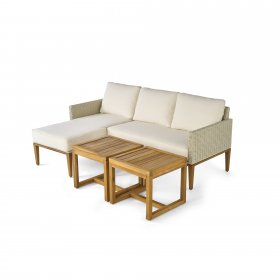 Better Homes & Gardens Davenport Sofa Lounger with Two Acacia Wood Table with Cushions White