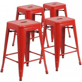 Flash Furniture 4 Pack 24"H Backless Metal Indoor-Outdoor Counter Height Stool w/Square Seat Red